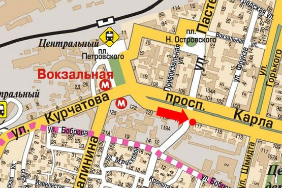 Схема рекламної площини за адресою Яворницкого пр. (бывш. Маркса пр.), 117 / Пастера ул., магазин "Collin's"