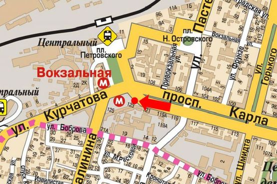 Схема рекламной плоскости по адресу Яворницкого пр. (бывш. Маркса пр.), 121, ст. м. "Вокзальная"