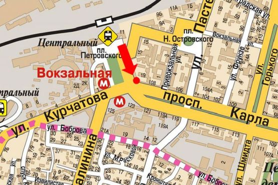 Схема рекламной плоскости по адресу Яворницкого пр. (бывш. Маркса пр.) / Вокзальная пл. (бывш. Петровского пл.), ст. м. "Вокзальная"