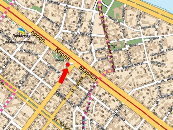 Схема рекламної площини за адресою Яворницкого пр. (бывш. Маркса пр.) / Грушевского ул. (бывш. Либкнехта ул.), в направлении к Яворницкого пр. (бывш. Маркса пр.)