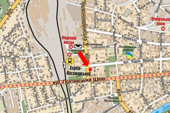 Схема рекламной плоскости по адресу Котляра ул. (бывш. Красноармейская ул.), 6 - Благовещенская ул. (бывш. Маркса ул.), напротив ресторана "МакДональдз"