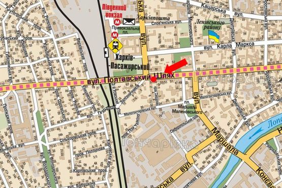 Схема рекламной плоскости по адресу Полтавский шлях, 57/59 - Котляра ул. (бывш. Красноармейская ул.), напротив супермаркета "Фокстрот"