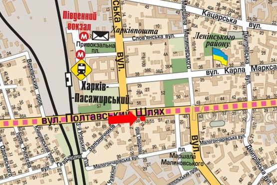 Схема рекламной плоскости по адресу Полтавский шлях, 57/59 - Котляра ул. (бывш. Красноармейская ул.), напротив супермаркета "Фокстрот"