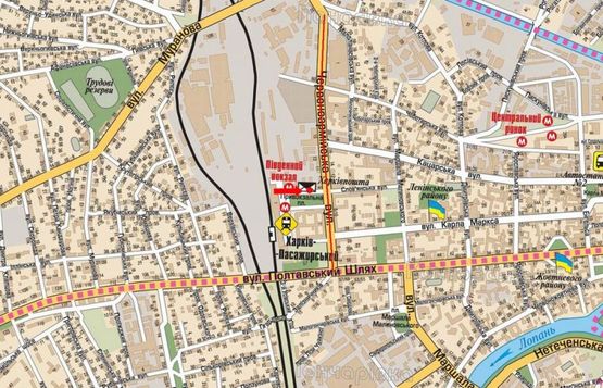 Схема рекламной плоскости по адресу Привокзальная пл., возле Главпочтампта, выхода со ст. м. "Южный вокзал"