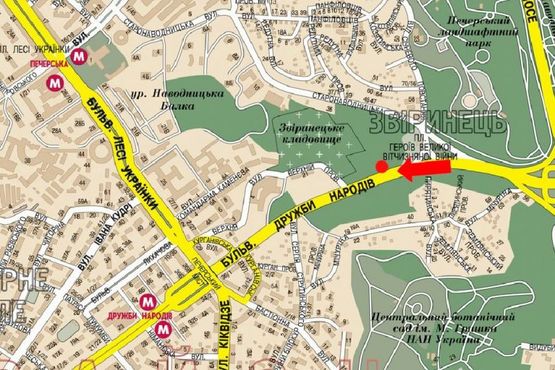 Схема рекламной плоскости по адресу Дружбы Народов бул., 200 м от остановки Героев ВОВ пл. , в сторону моста Печерского