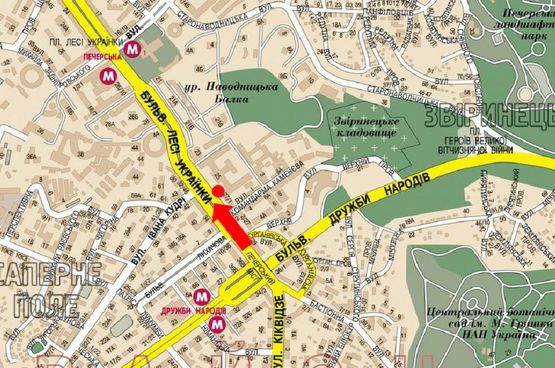 Схема рекламной плоскости по адресу Украинки бул., 27 / Кудри ул., светофор, в сторону ст.м. "Печерская", ул. Крещатик