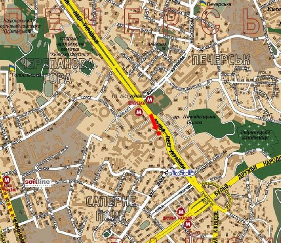 Схема рекламной плоскости по адресу Украинки бул., 28, возле ресторанов "Шинок", "Сушия", в сторону Дружбы народов бул.