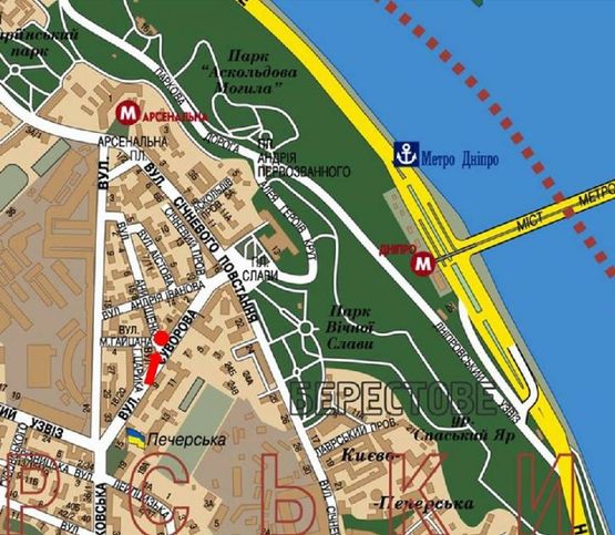 Схема рекламной плоскости по адресу Омеляновича-Павленка ул. (бывш. Суворова ул.), 18/ 20, супермаркет "Сильпо", ресторан "У хромого пола", в сторону Славы пл.