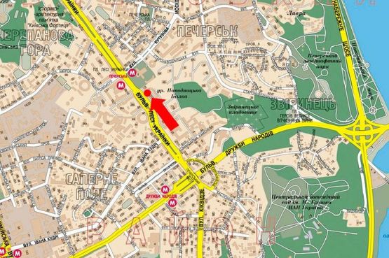 Схема рекламної площини за адресою Украинки бул., 21А / Украинки бул., 21, в сторону ст. м. "Печерская"