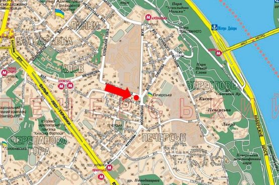 Схема рекламної площини за адресою Кловский спуск, 30 / Московская ул., в сторону Омеляновича-Павленка ул. (бывш. Суворова ул.)