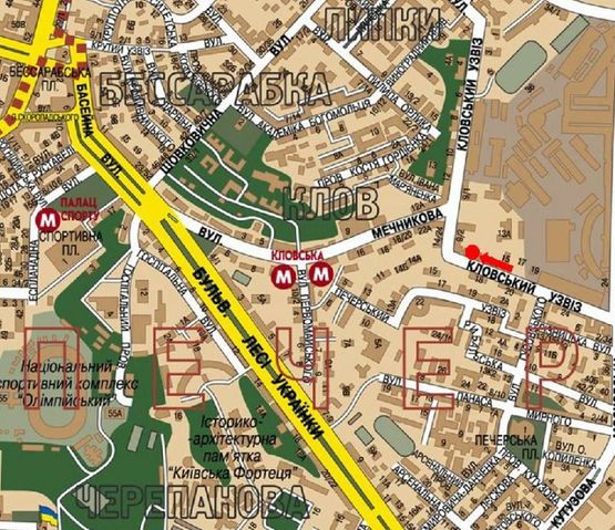 Схема рекламної площини за адресою Кловский спуск, 9/2, в сторону ст. м. "Кловская"