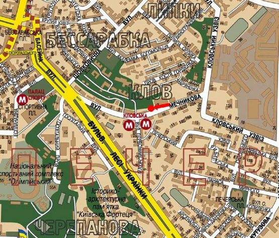 Схема рекламної площини за адресою Мечникова ул., 7, возле ресторана "Napule", супермакета "Good Wine", ст. м. "Кловская", в сторону Бассейная ул.