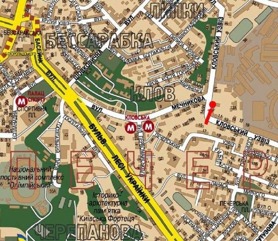 Схема рекламної площини за адресою Кловский спуск, 9/2 / ул. Мечникова, в сторону ул. Институтской