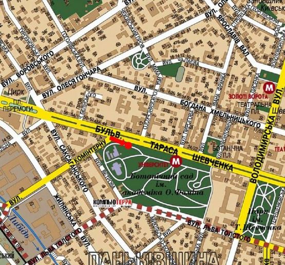 Схема рекламной плоскости по адресу Шевченко бул., 36, напротив, в сторону Крещатик ул.