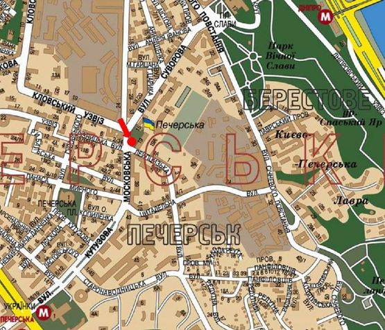 Схема рекламної площини за адресою Омеляновича-Павленка ул. (бывш. Суворова ул.), 19 / Лейпцигская ул., напротив кинотеатра "Зоряный", в сторону Украинки бул.