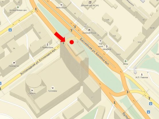 Схема рекламної площини за адресою Бассейная ул. / Эспланадная ул., разделитель, ТРЦ "Gulliver", на светофоре, в сторону Украинки бул.