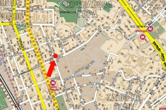 Схема рекламної площини за адресою Коновальца ул. (бывш. Щорса ул.) / Предславинская ул., на светофоре, в сторону Украинки бул.