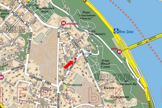 Схема рекламної площини за адресою Омеляновича-Павленка ул. (бывш. Суворова ул.), 1, в сторону Славы пл., разделитель