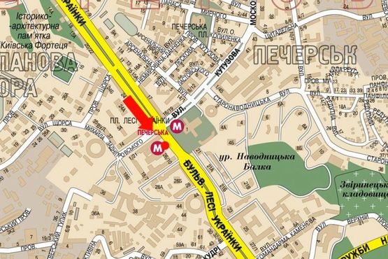 Схема рекламної площини за адресою Украинки бул. / Алмазова ул. (бывш. Кутузова ул.), ст. м. "Печерская", на светофоре, в сторону Бойчука ул. (бывш. Киквидзе ул.)