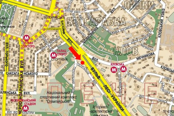 Схема рекламної площини за адресою Украинки бул., 4, в сторону ст. м. Печерская