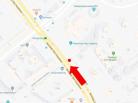 Схема рекламної площини за адресою Украинки бул., 21, в сторону ст. м. "Печерская"