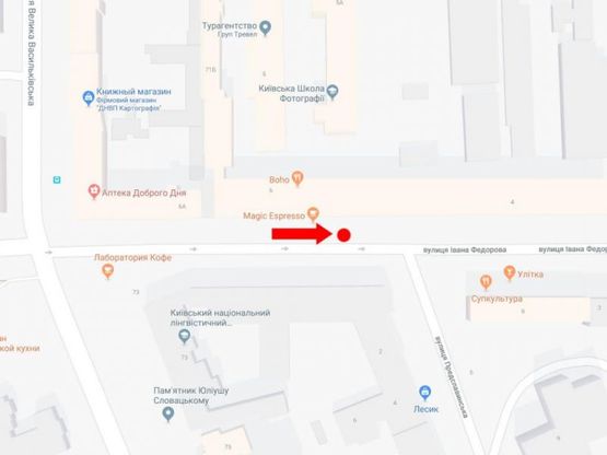 Схема рекламної площини за адресою Федорова ул., 9 - ул. Предславинская, напротив Иняза (КНЛУ)