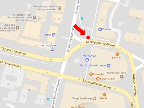 Схема рекламної площини за адресою Крещатик ул. 29 / Бессарабская пл., в сторону Бассейная ул.