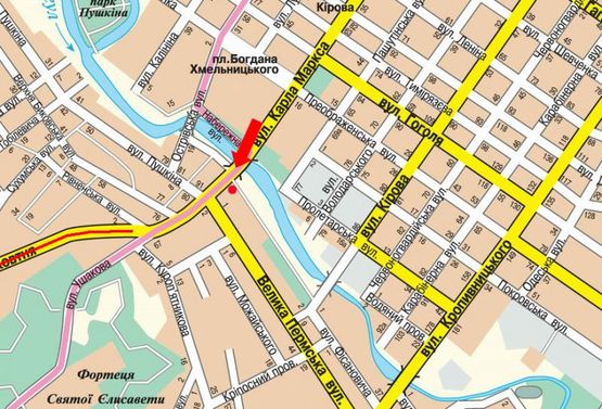 Схема рекламной плоскости по адресу Соборная ул. (бывш. 50-летия Октября ул.) / Б. Перспективная ул. (бывш. Маркса ул.), возле моста через р. Ингул, из центра