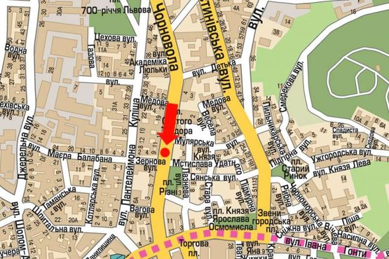 Схема рекламной плоскости по адресу Черновола пр., 9 / Зерновая ул., разделитель, возле отеля "Львов", в центр