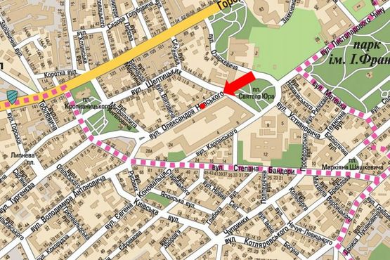 Схема рекламной плоскости по адресу Митрополита Андрея ул., 6, разделитель, район Политеха, в сторону Бандеры ул.