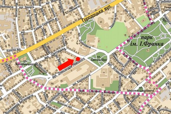 Схема рекламной плоскости по адресу Митрополита Андрея ул. / Шептицких ул., разделитель, район Политеха, в сторону Святого Юра пл.