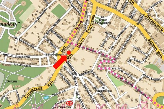 Схема рекламной плоскости по адресу Руставели ул., 38, возле рынка "Стрыйский", в центр