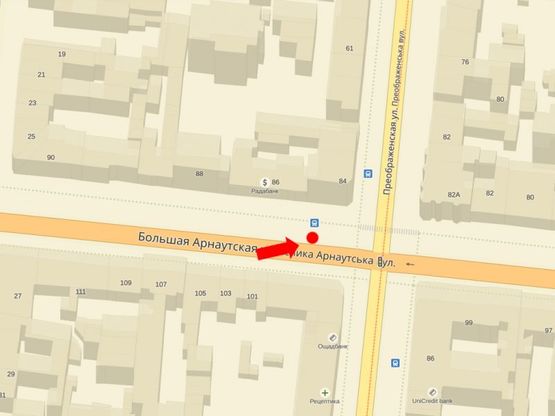 Схема рекламної площини за адресою Б. Арнаутская ул., 84 / Преображенская ул., в сторону Ришельевской ул.