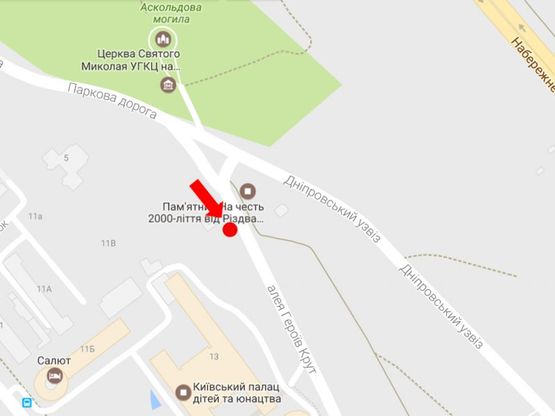 Схема рекламної площини за адресою Героев Крут ул. / Днепровский спуск, напротив церкви, в центр