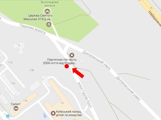Схема рекламной плоскости по адресу Героев Крут ул. / Днепровский спуск, напротив церкви, из центра