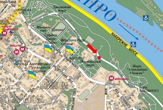 Схема рекламной плоскости по адресу Парковая дорога ул., 3/5, перед КВЦ "Парковый", поворот на ресторан "Курени", в сторону Днепровского спуска