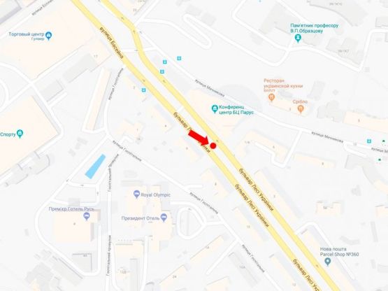 Схема рекламной плоскости по адресу Украинки бул.,  1, БЦ "Парус", в сторону пл. Л. Украинки