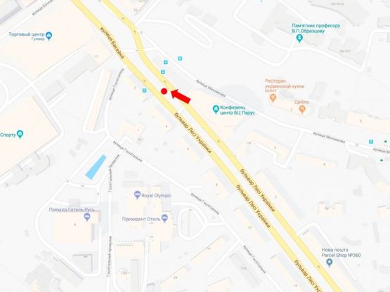 Схема рекламной плоскости по адресу Украинки бул., 2 / ул. Госпитальная, в сторону ул. Крещатик