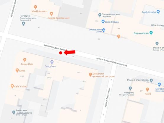 Схема рекламної площини за адресою Хмельницкого ул., 29/2 / ул. Франко, напротив McDonald's, в сторону ул. Гончара