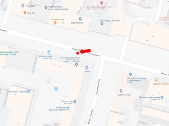 Схема рекламной плоскости по адресу Хмельницкого ул., 37/2 / ул. Пирогова, напротив посольства Словении, в сторону ул. Гончара