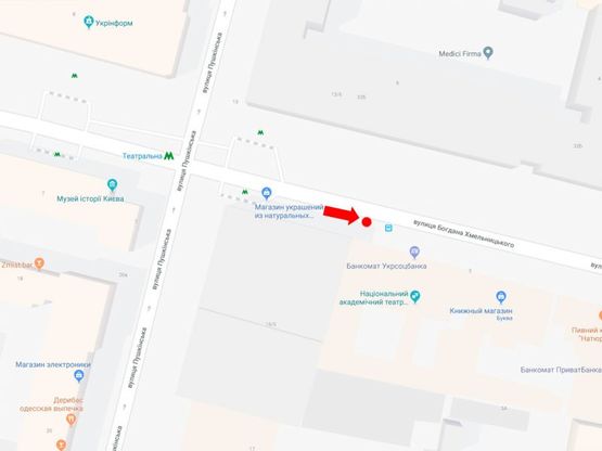 Схема рекламной плоскости по адресу Хмельницкого ул., 5/15, возле ст. м. "Театральная", театра Л. Украинки, в сторону ул. Крещатик