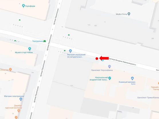 Схема рекламної площини за адресою Хмельницкого ул., 5/15, возле ст. м. "Театральная", театра Л. Украинки, в сторону ул. Владимирская
