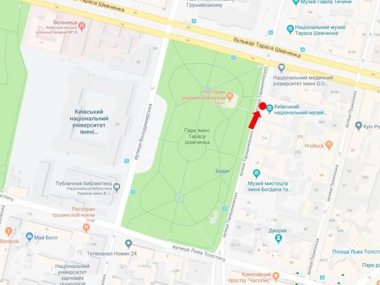 Схема рекламной плоскости по адресу Терещенковская ул., 11, напротив парка Т. Шевченко, в сторону бул. Шевченко