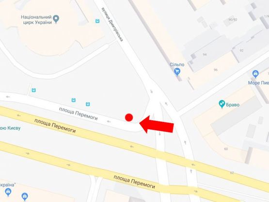 Схема рекламной плоскости по адресу Победы пл., 2, возле Цирка, в сторону Воздухофлотского моста