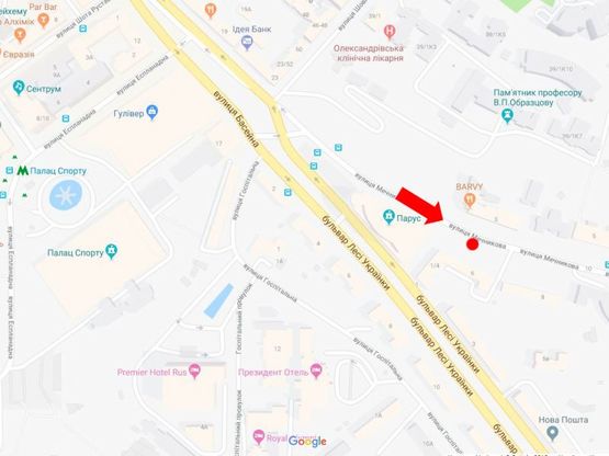 Схема рекламной плоскости по адресу Мечникова ул., 6, возле БЦ "Парус", ресторанов, в сторону ст.м. "Кловская"