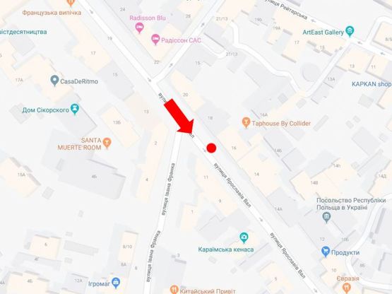 Схема рекламної площини за адресою Ярославов Вал ул., 16 / ул. Франко, в сторону Владимирская ул.