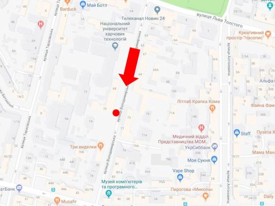 Схема рекламной плоскости по адресу Владимирская ул., 70, Университет Пищевых Технологий, в сторону ул. Саксаганского