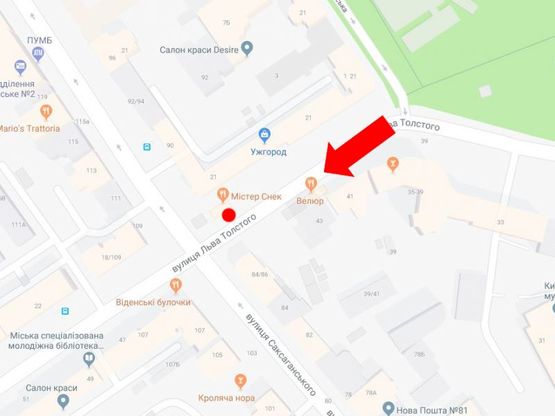 Схема рекламной плоскости по адресу Толстого ул., 18 / ул. Саксаганского, напротив ресторана "Велюр"