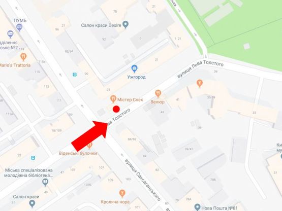 Схема рекламної площини за адресою Толстого ул., 18 / ул. Саксаганского, напротив ресторана "Велюр"