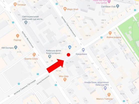 Схема рекламної площини за адресою Петлюры ул., 28 / ул. Жилянская, в сторону ул. Саксаганского